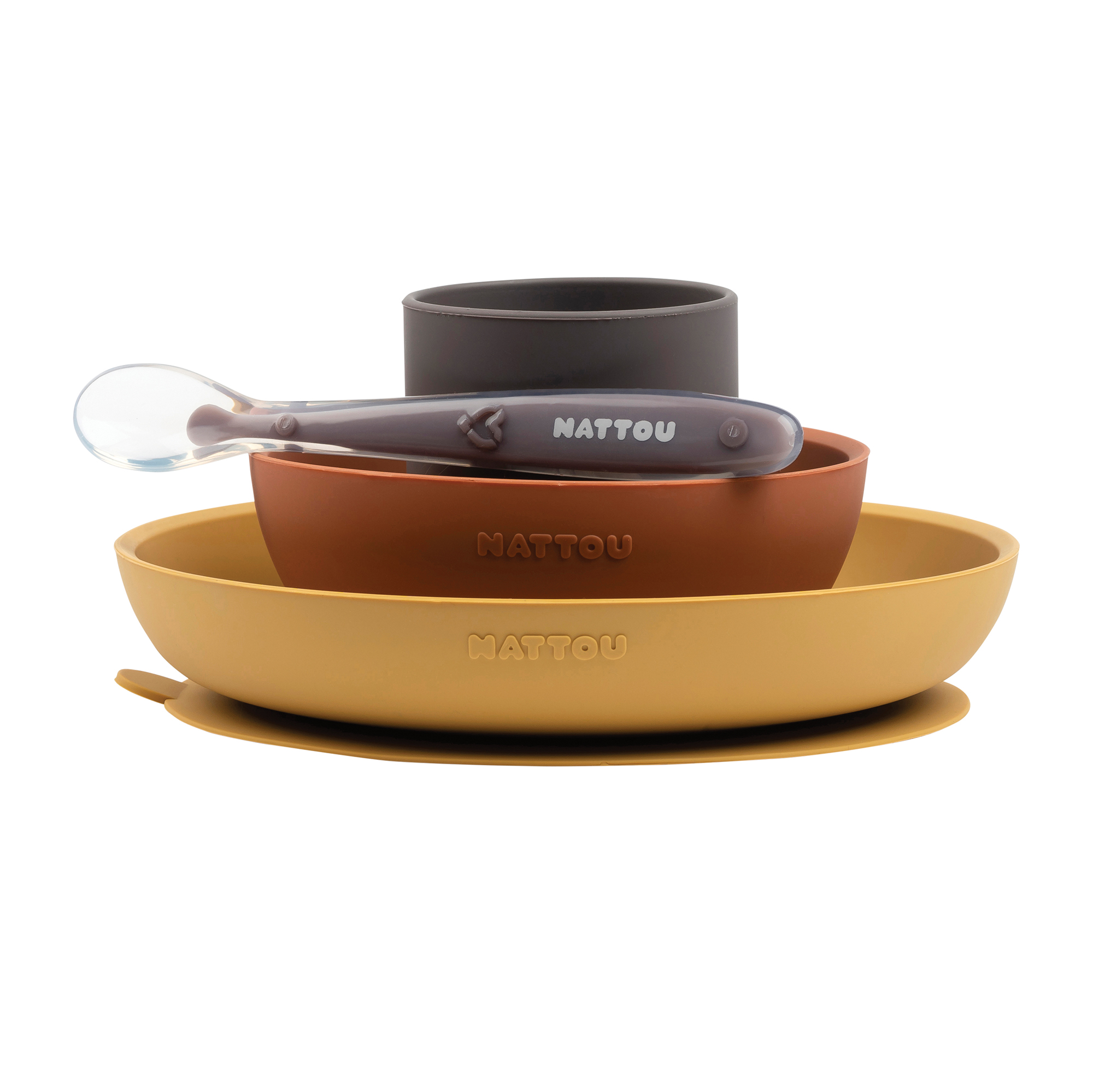 Nattou - Coffret de repas silicone 4 pièces MARRON Nattou