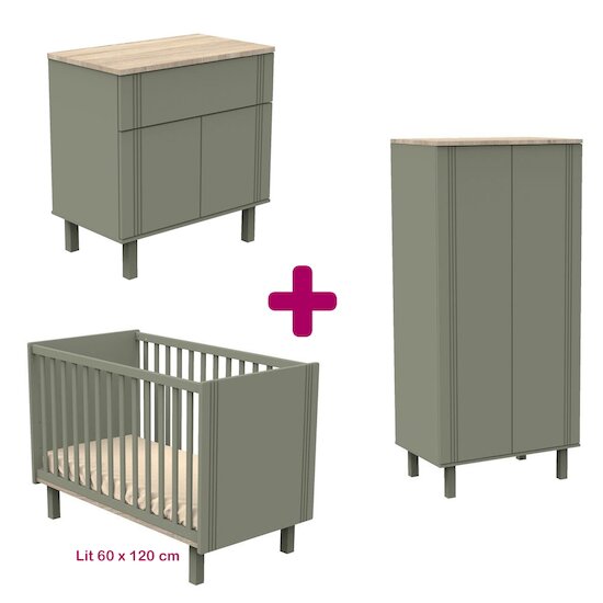Sauthon Chambre bébé complète Eléonore kaki : lit 60x120, commode, armoire   Sauthon Chambre bébé complète Eléonore kaki : lit 60x120, commode, armoire