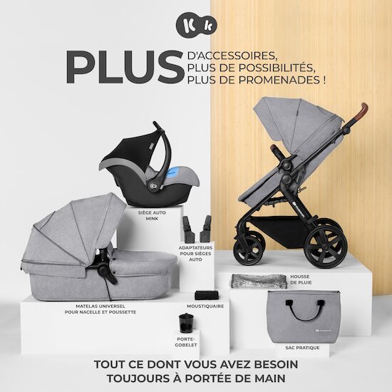 Poussette Kinderkraft Moov + Nacelle + Coque Auto Mink Pro - Grey