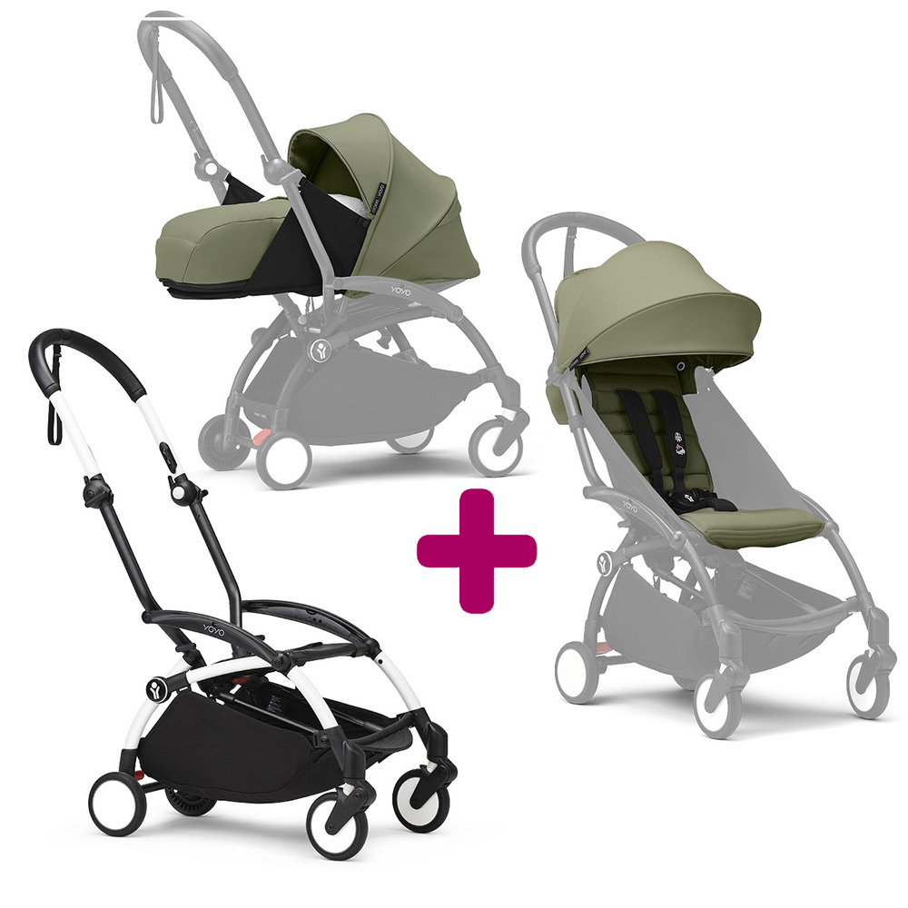 Stokke - Pack Poussette duo chassis YOYO³ Blanc + pack 6+ YOYO³ Olive + pack nouveau-né YOYO³ Olive  Stokke
