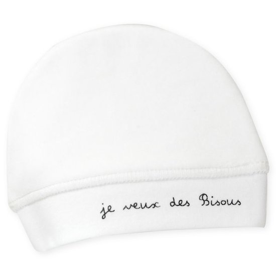 Trois Kilos Sept Bonnet Naissance velours Je veux des bisous Blanc 