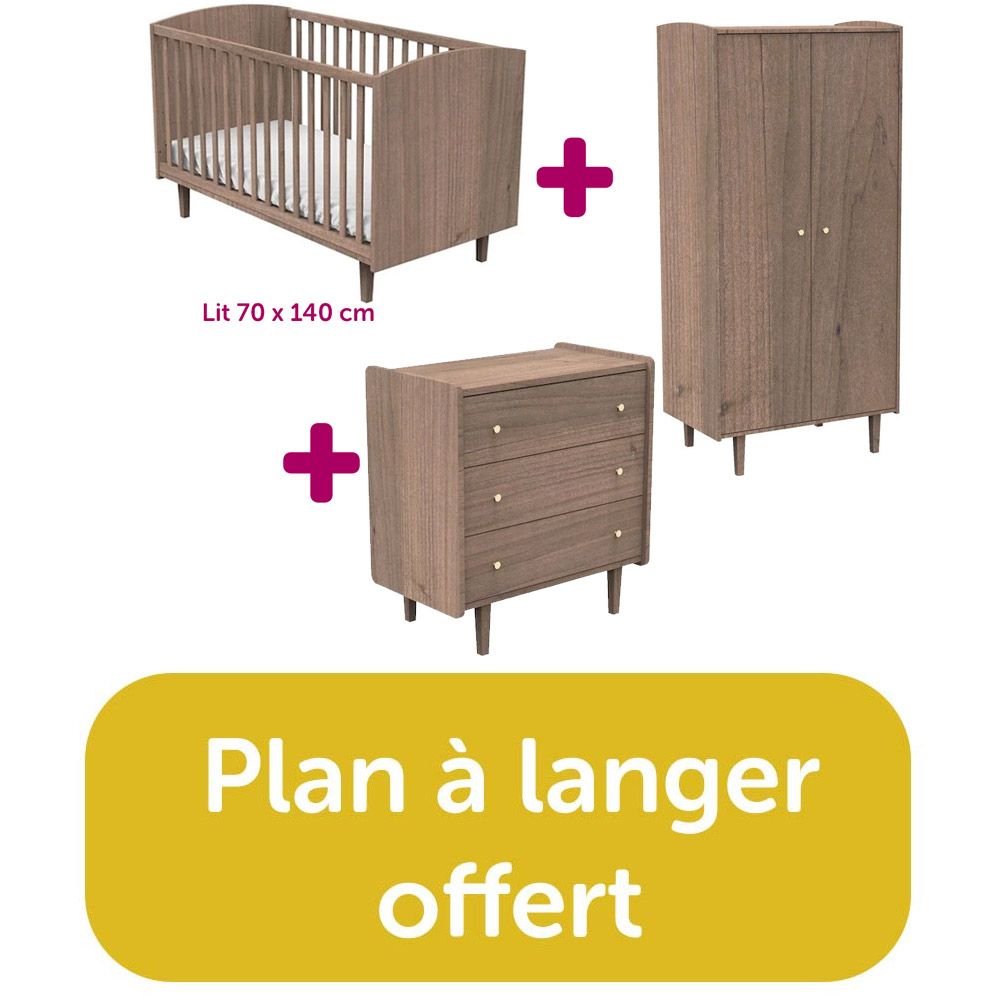 Chambre bébé complète Jazzy : lit 70x140, commode, armoire = plan à langer offert Sauthon
