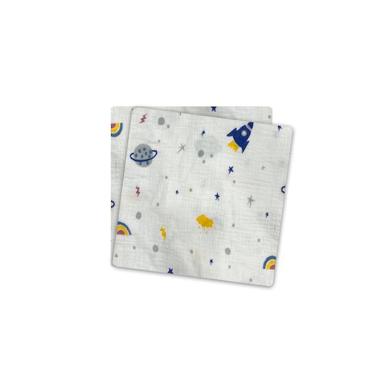 Les Chatounets Lot de 2 Langes All-over Fusée Blanc/Bleu 72x72 cm