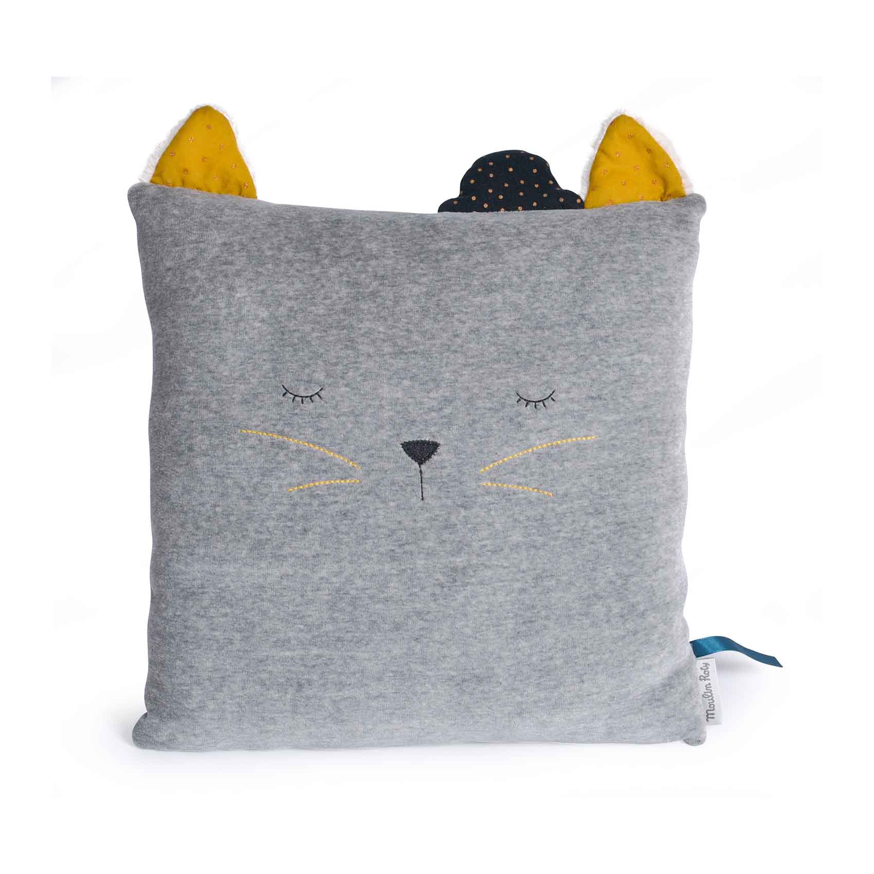 Coussin chat Les Moustaches GRIS Moulin Roty