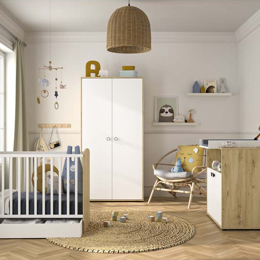 Chambre bébé complète Arthur : Lit 60x120 + commode + armoire BLANC Galipette