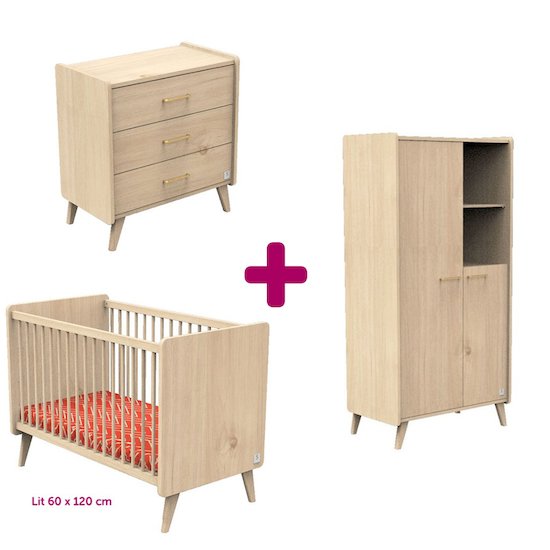 Sauthon Chambre bébé complète Arty : lit 60x120, commode, armoire   Sauthon Chambre bébé complète Arty : lit 60x120, commode, armoire