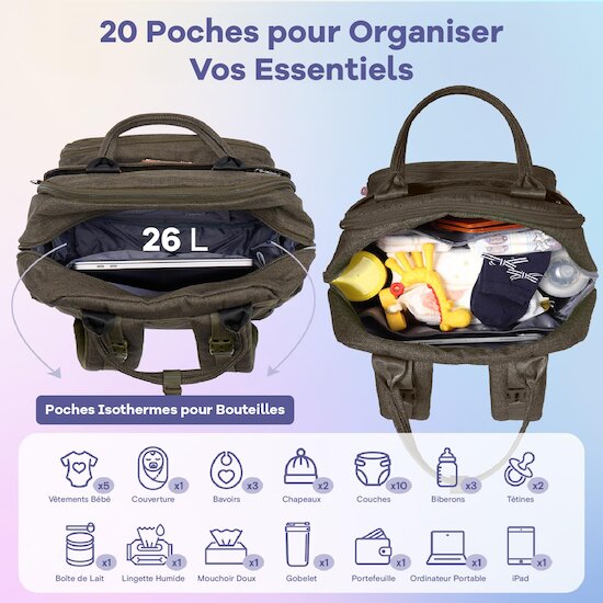 Ruvalino Sac à langer multi-fonctions Kaki gaufré  Ruvalino Sac à langer multi-fonctions Kaki gaufré