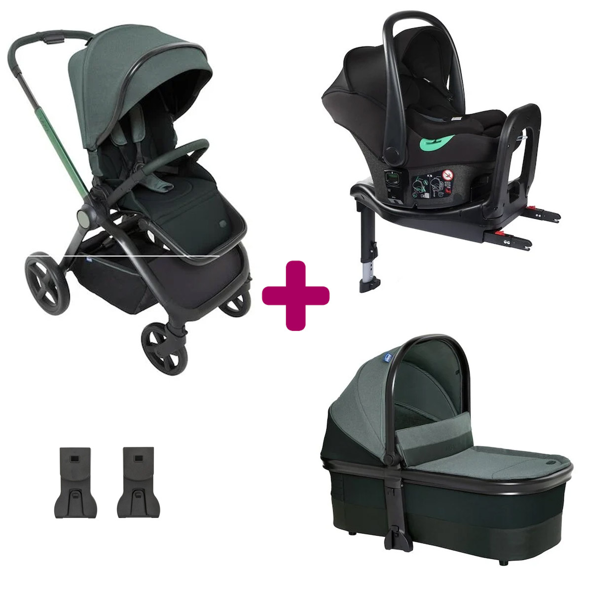 Pack poussette trio Mysa nacelle + siège auto Kiros base + adaptateurs Green  Chicco