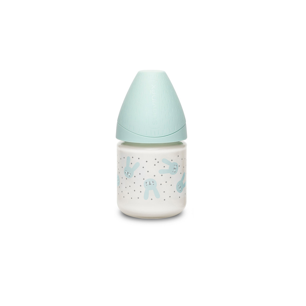 Biberon verre tétine ronde débit lent - lapin VERT Suavinex