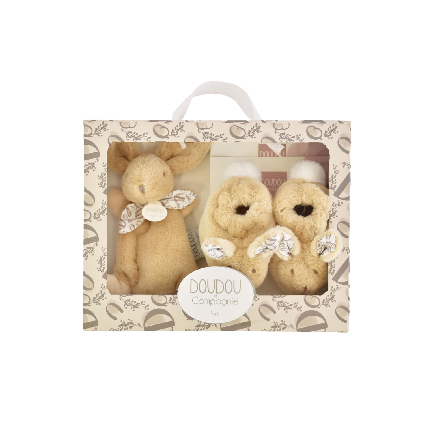 Doudou & Compagnie - Coffret chaussons et doudou lapin BEIGE Doudou & Compagnie