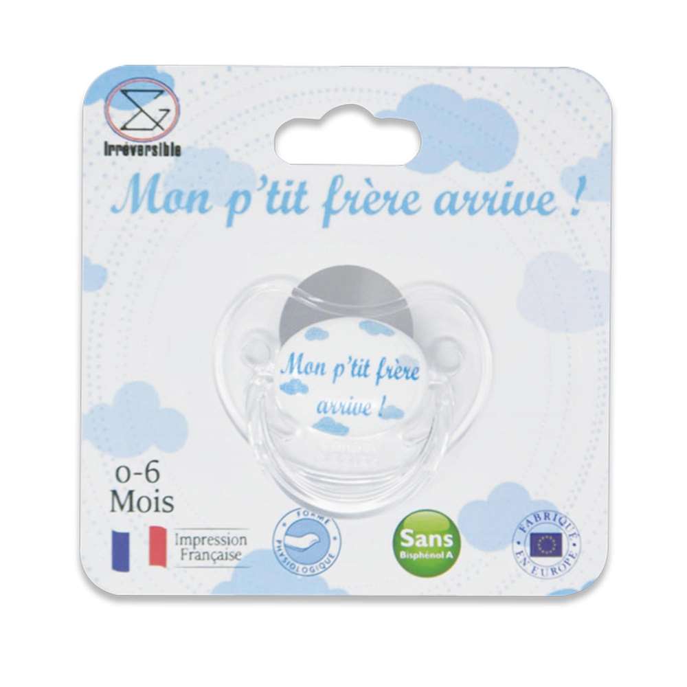 Sucette d'annonce physiologique Mon p’tit frère arrive ! BLEU Irréversible Bijoux