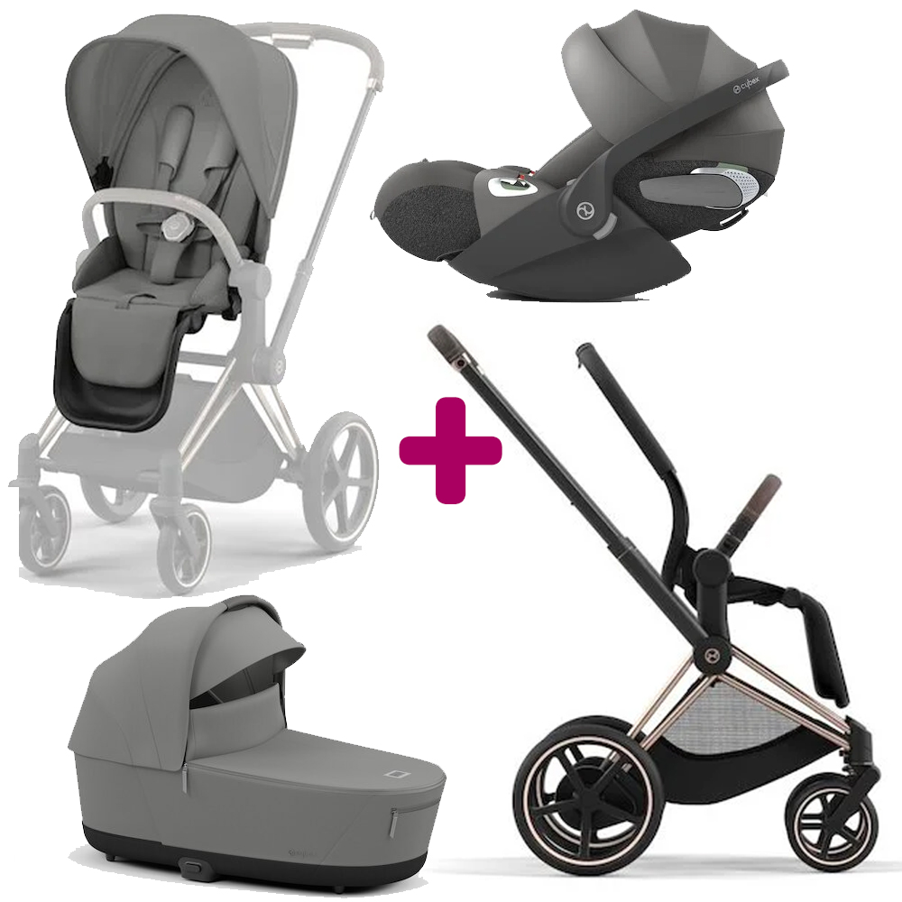 Pack poussette trio Epriam Chassis rosegold + siège Mirage Grey + nacelle Mirage Grey + coque cloud T Mirage Grey  Cybex