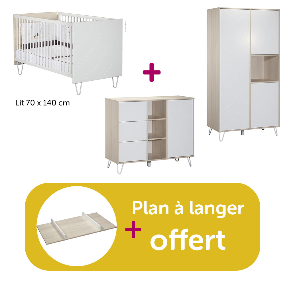 Sauthon - Chambre bébé complète Happy : lit 70x140, commode, armoire, plan offert  Sauthon