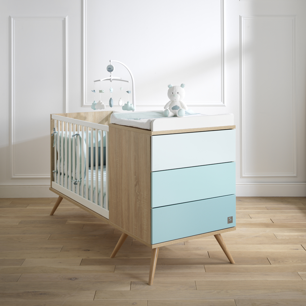 Lit combine evolutif en 90x190 seventies blanc BLEU Sauthon