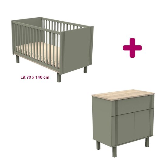Sauthon Chambre bébé duo Eléonore kaki : lit 70x140, commode  