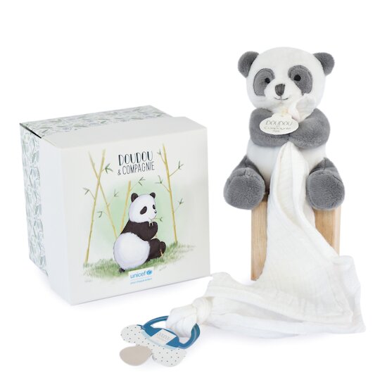 Doudou & Compagnie UNICEF Panda avec doudou attache-sucette Blanc 12 cm