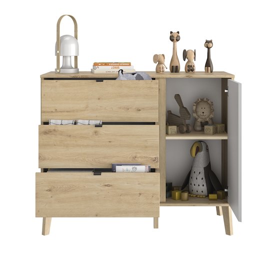Bébé Lune Commode 3 tiroirs 1 porte Lison Chêne Artisan Et Uni Blanc  Bébé Lune Commode 3 tiroirs 1 porte Lison Chêne Artisan Et Uni Blanc