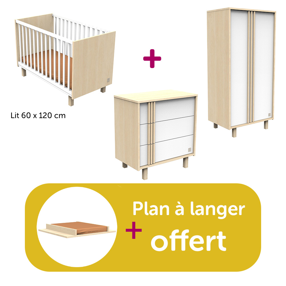 Sauthon - Chambre bébé complète Nature : lit  120x60 commode, armoire, plan offert  Sauthon