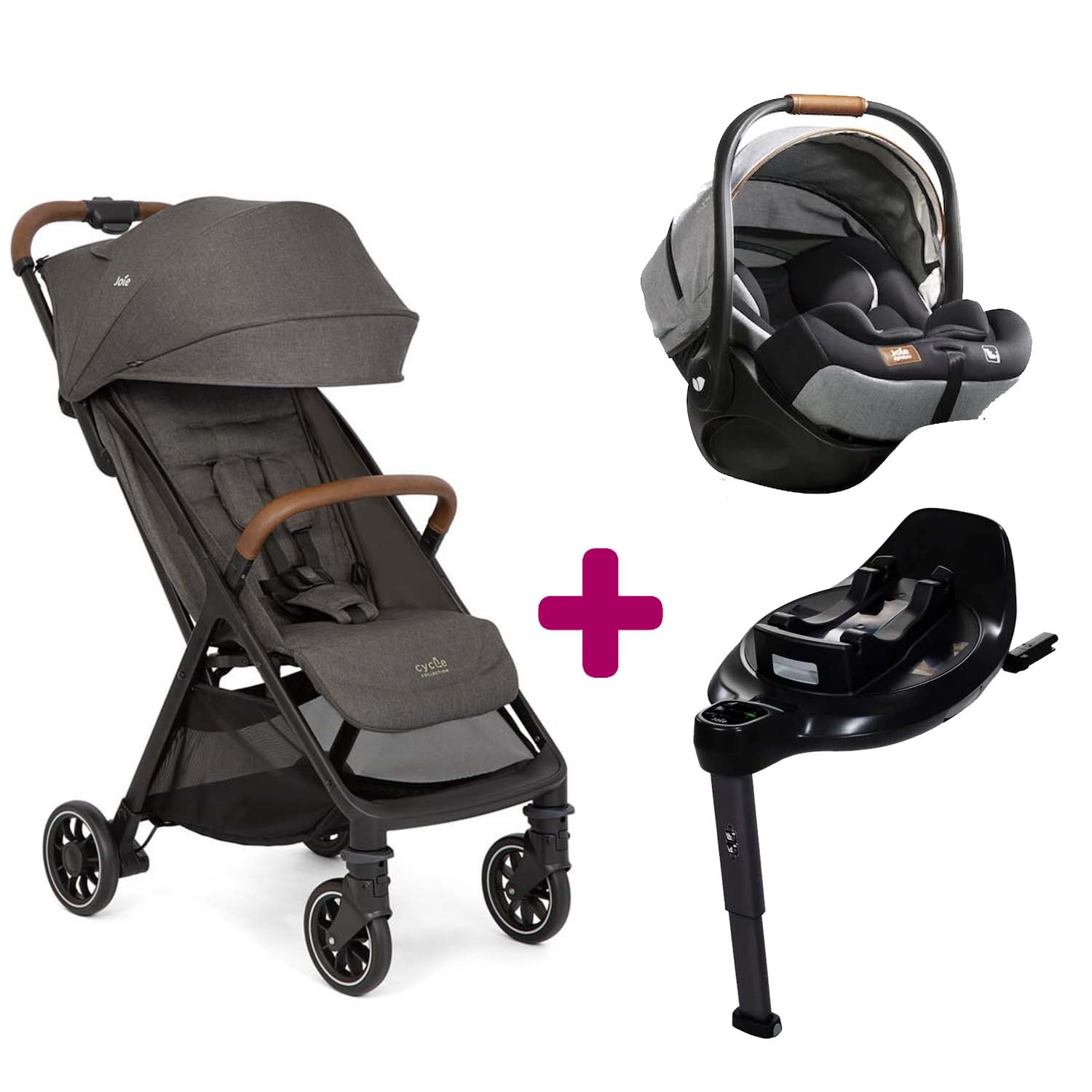 Joie - Pack Poussette Trio Poussette Pact Pro Shell Gray + Coque i-level Recline Carbon + Base Encore  Joie