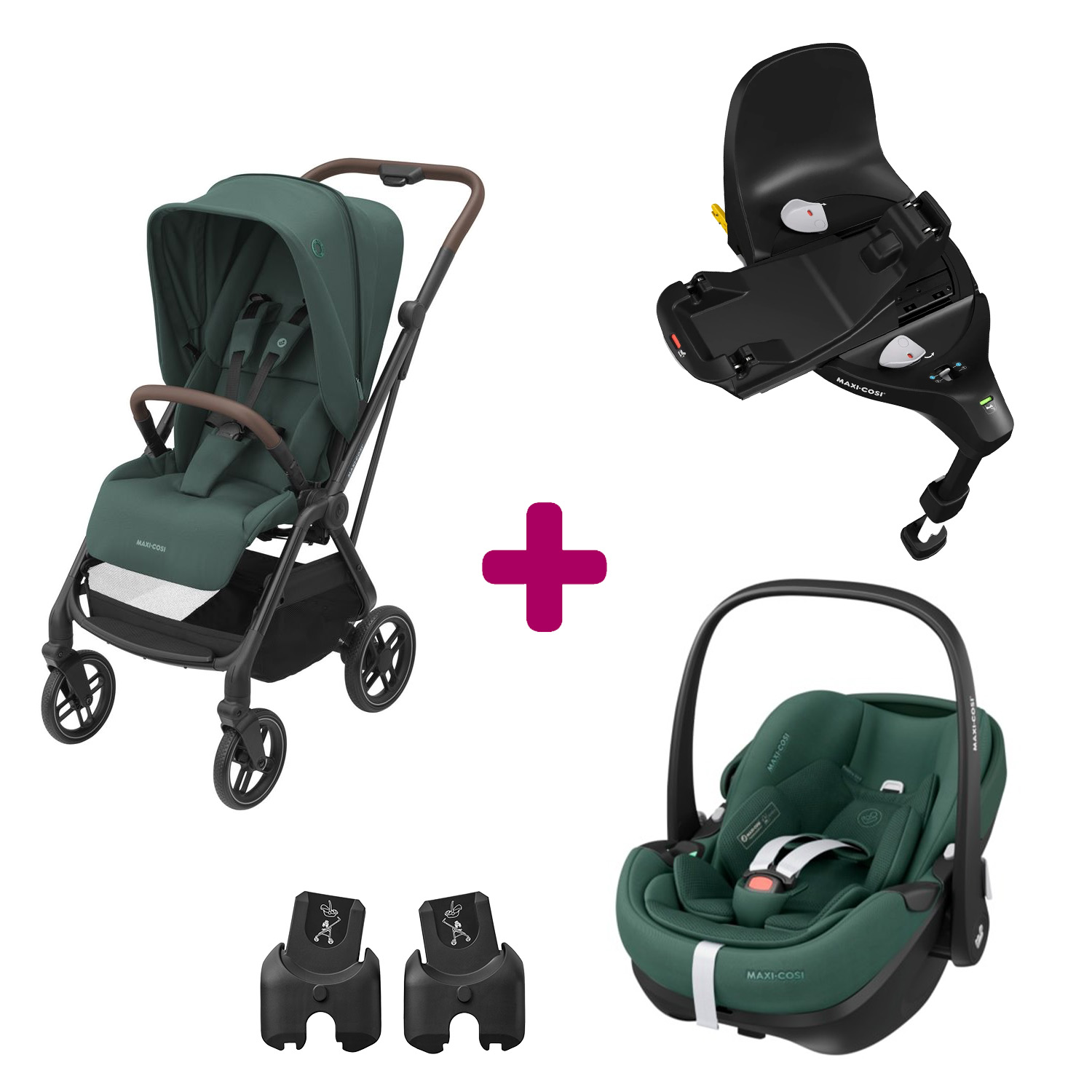 MAXI COSI - Pack poussette duo Léona 2  + pebble 360 pro 2 essential green + base familyfix 360 pro  Maxi Cosi