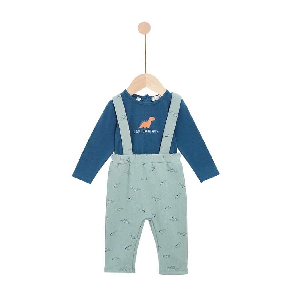 Marèse - Pantalon avec bretelles et tee shirt Dinosaure d'Automne VERT Marèse