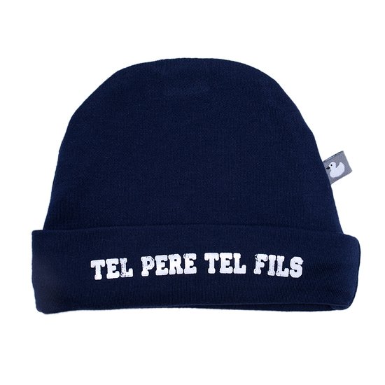 BB&Co Bonnet doublé pur coton "Tel père tel fils" Bleu Marine Naissance