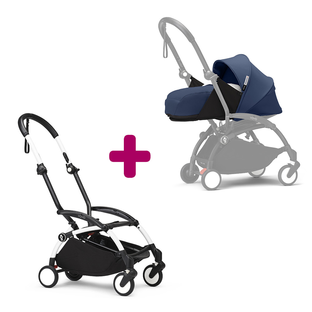 Stokke - Pack chassis poussette YOYO³ Blanc + pack nouveau-né 0+ YOYO³ Bleu Air France  Stokke