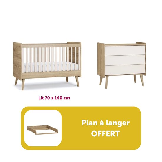 Chambre Bébé Duo Vintage Fresh : Lit évolutif 70x140 cm Chêne/Sable-Beige + Commode + Plan à Langer Offert 