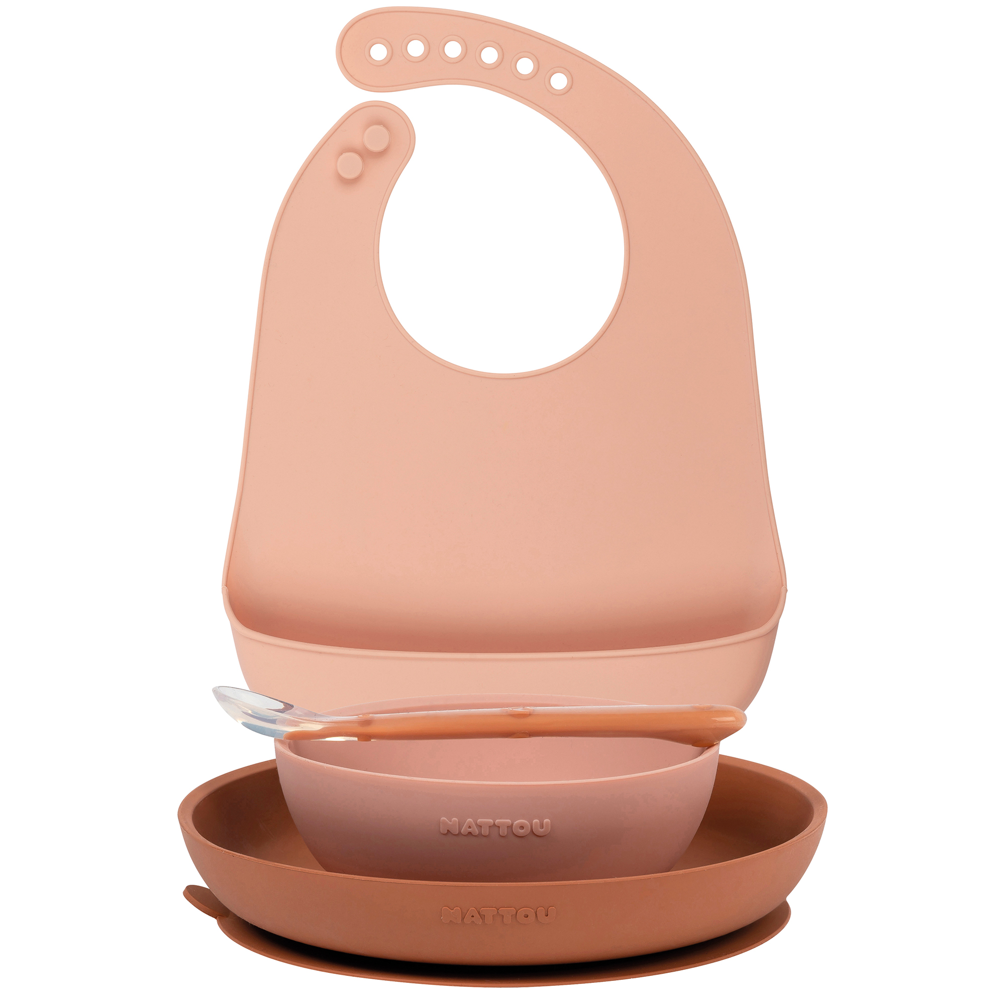 Nattou - Coffret de repas silicone 4pc avec bavoir ROSE Nattou