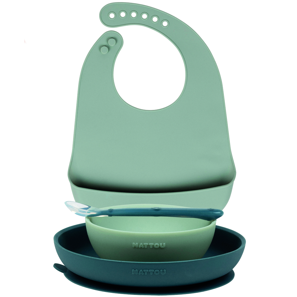 Nattou - Coffret de repas silicone 4pc avec bavoir VERT Nattou