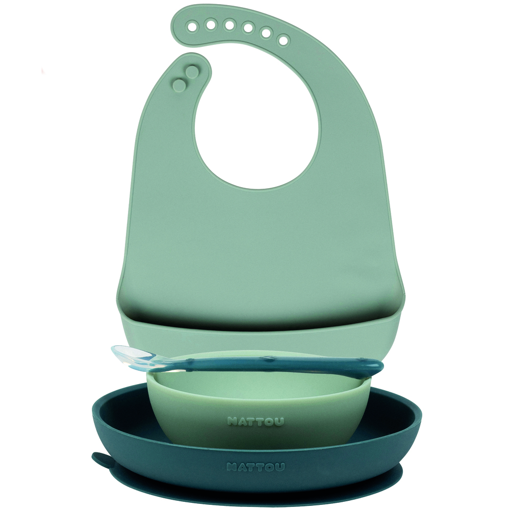 Coffret de repas silicone 4pc avec bavoir VERT Nattou