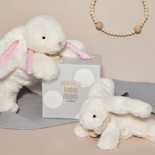 Coffret cadeau naissance chaussons lapin taupe avec hochet - Doudou et  compagnie