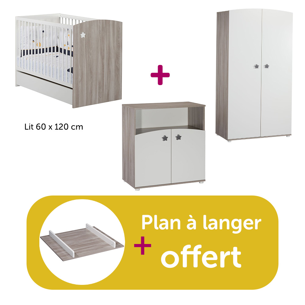 Sauthon - Chambre bébé complète Astral : lit 60x120, commode, armoire, plan à langer offert  Sauthon