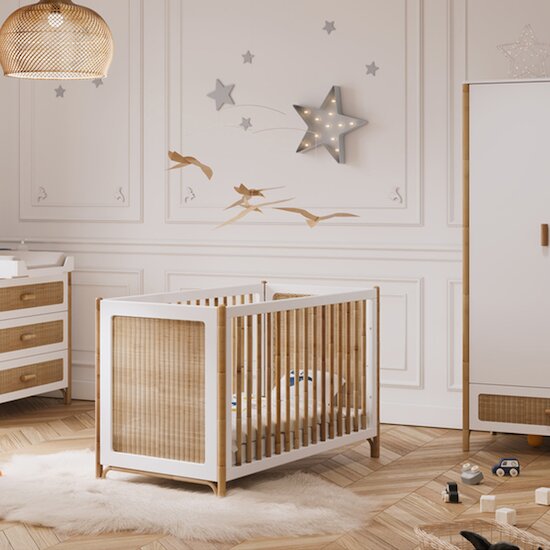 Théo Chambre bébé complète Océania Blanc : lit 60x120, commode, armoire  