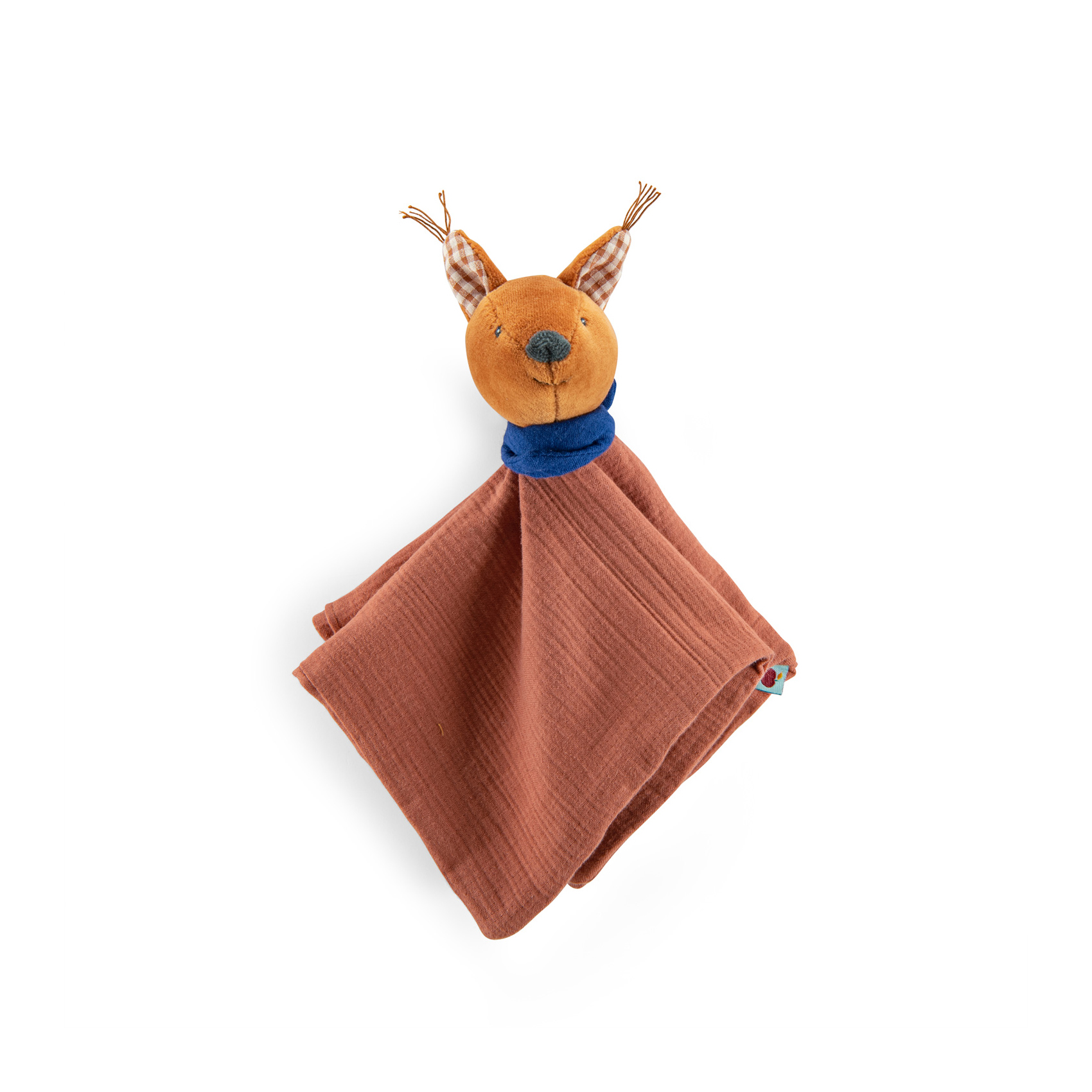 Doudou lange bébé écureuil en coton bio marron avec broderies dorées  MIMIZAN