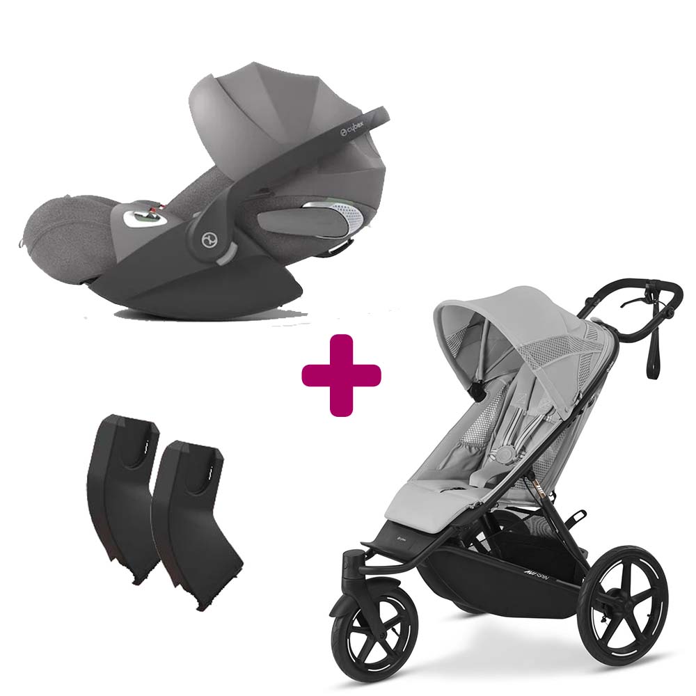 Cybex - Pack Poussette duo Avi Spin Fog Grey + adaptateurs coque + coque Cloud T tissu plus Mirage Grey  Cybex