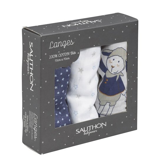 Sauthon Lot de 3 langes Bio Merlin Blanc, Bleu, Gris 70x70 cm