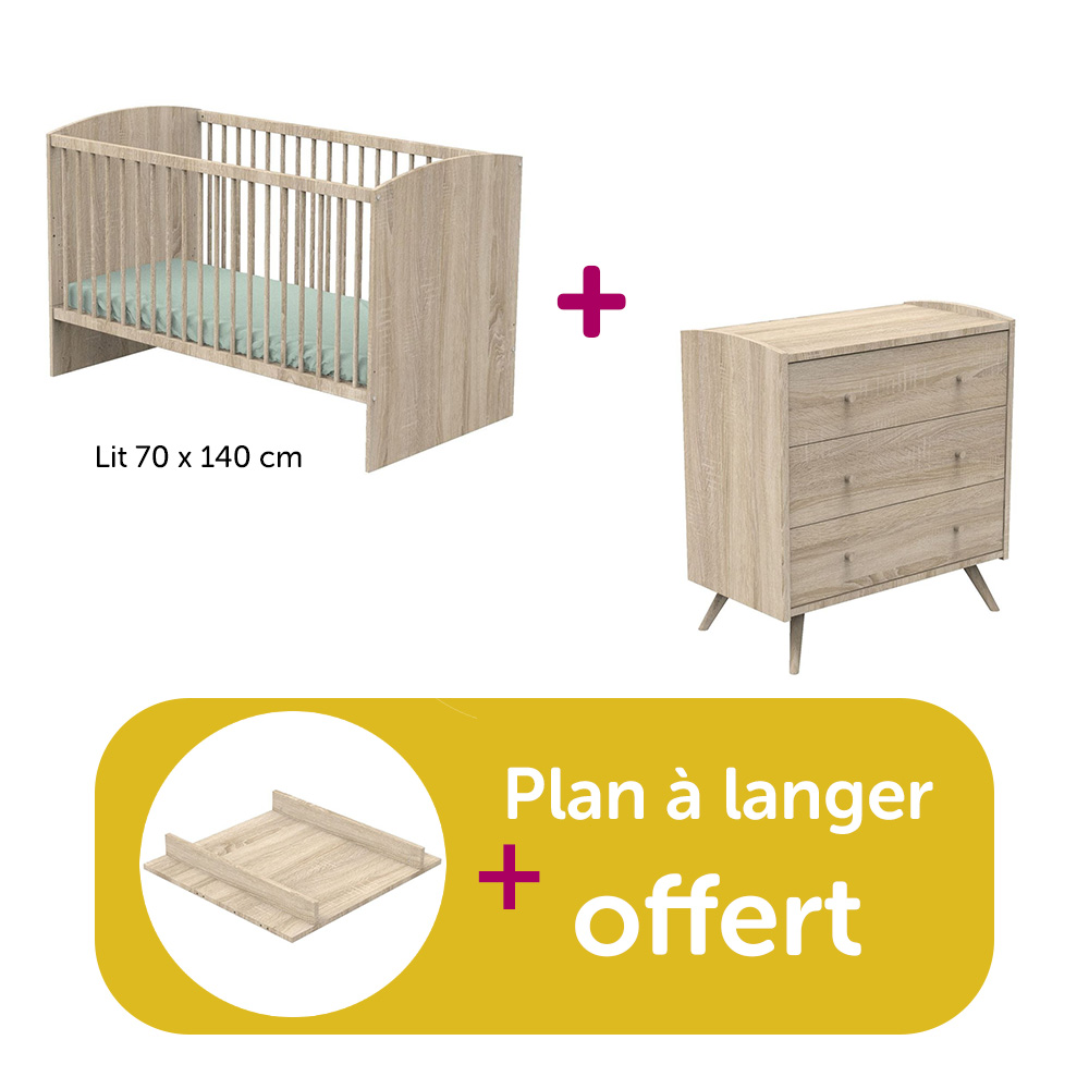 Sauthon - Chambre Duo Access bois : lit 70x140, commode, plan à langer offert  Sauthon