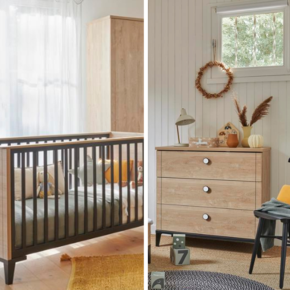 Galipette - Chambre Duo Marcel Chêne Blond Et Noir : Lit 70x140, Commode 3 tiroirs   Galipette