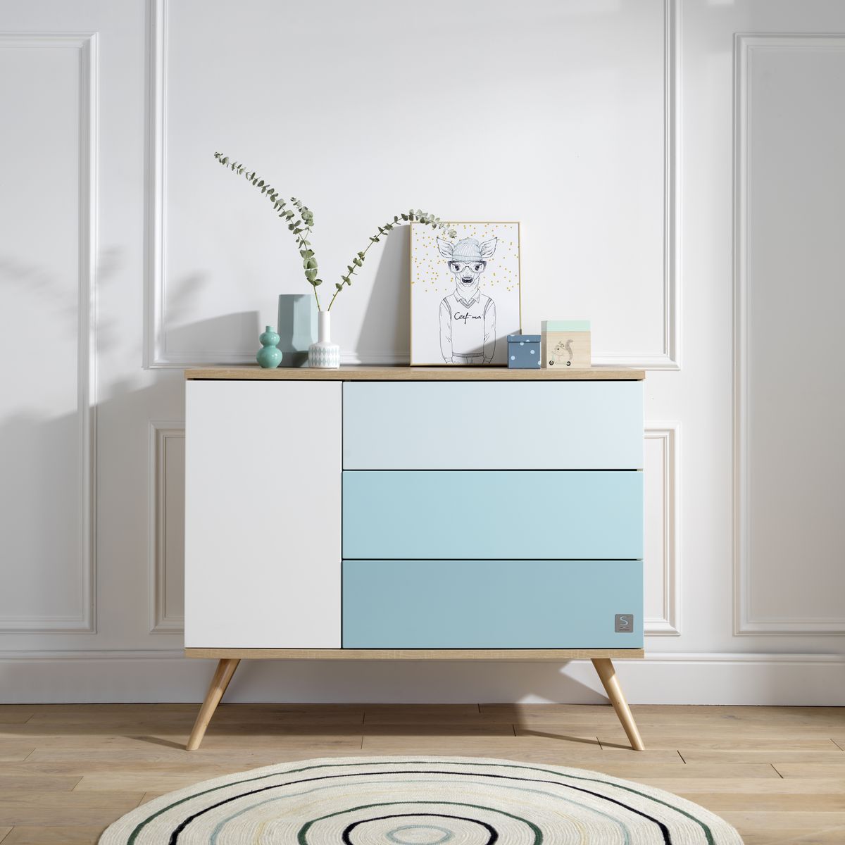 Commode porte + 3 tiroirs Seventies BLEU Sauthon