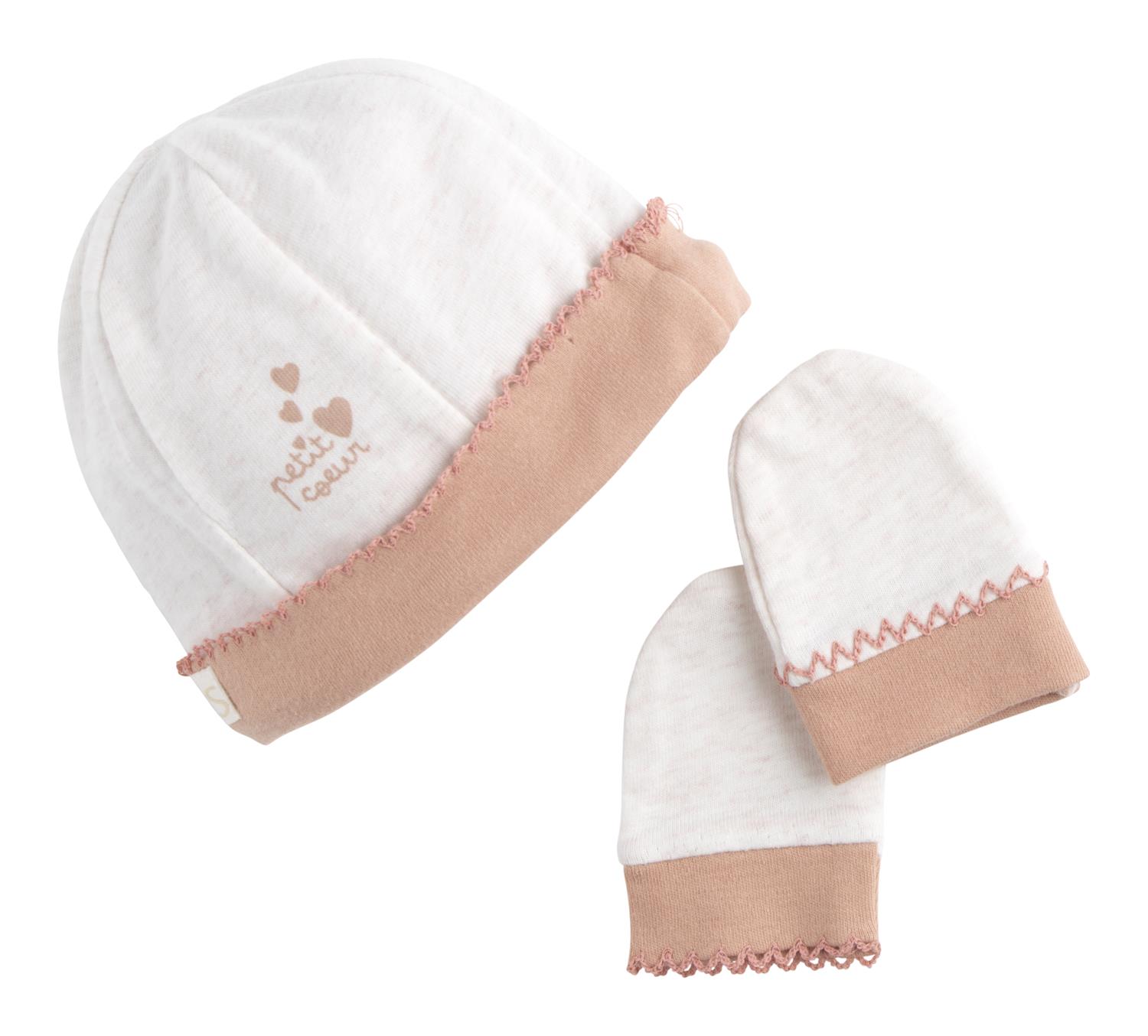 Bonnet et Moufles Petit Coeur BEIGE Sauthon