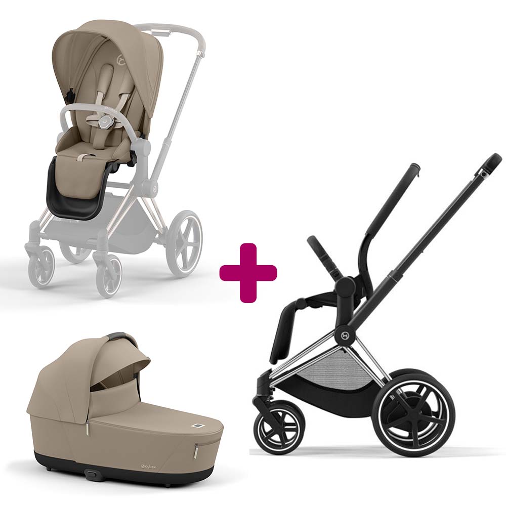 Cybex - Pack Duo Châssis poussette ePriam chrome black 2022 + siège Cozy Beige + Nacelle Luxe Cozy Beige  Cybex