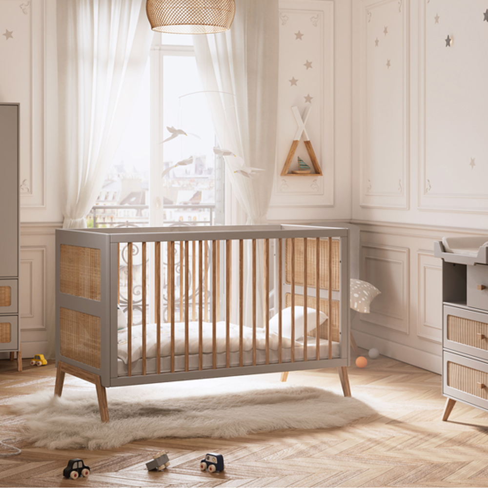Chambre bébé complète Marélia Gris : lit 70x140, commode, armoire Théo