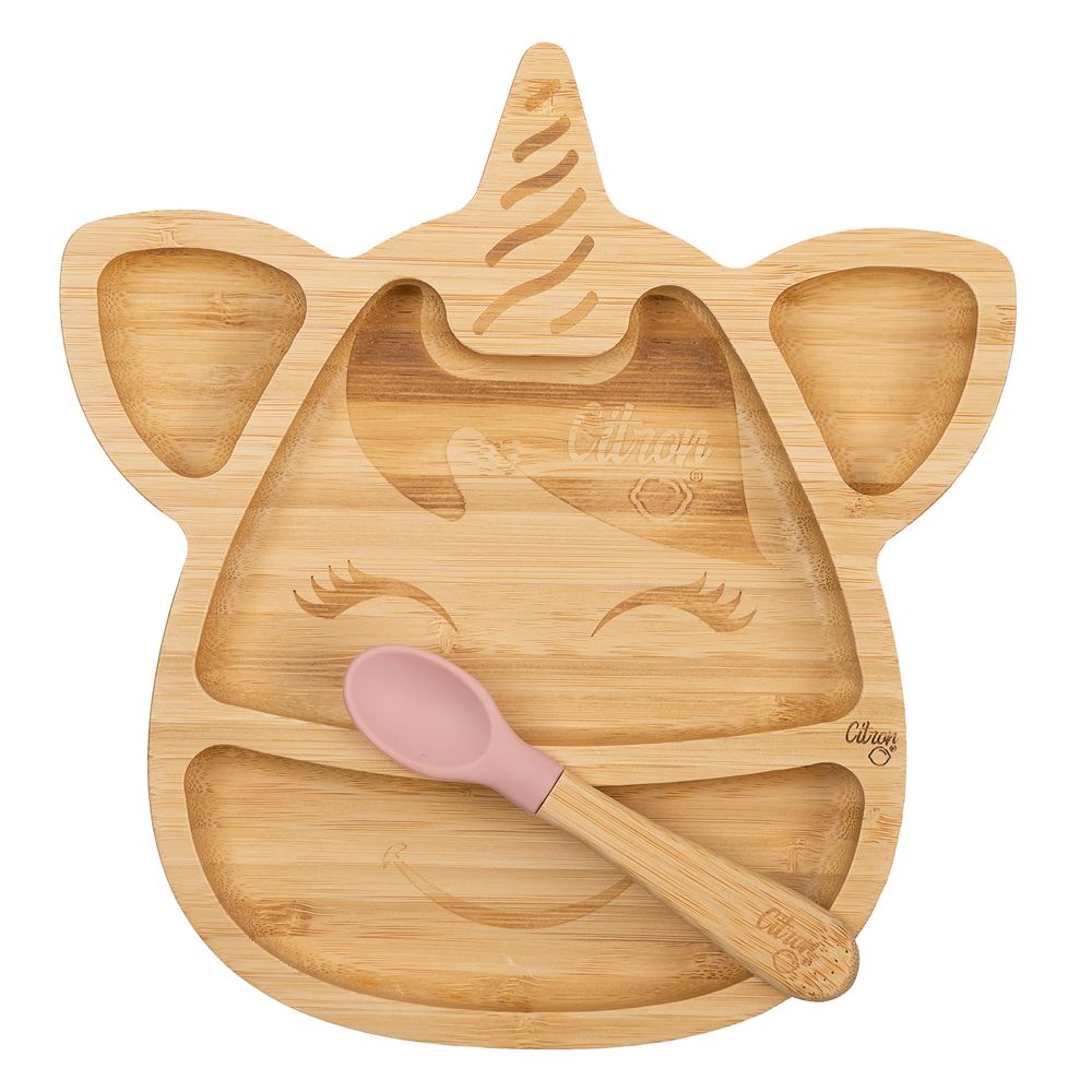 Assiette en bambou avec ventouse et cuillère Licorne ROSE Citron