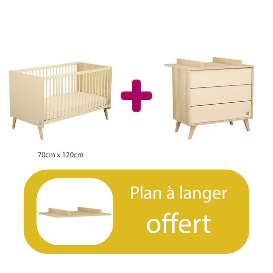 Sauthon Chambre bébé duo : Lit Little big bed  70x140, Commode 3 tiroirs, plan offert   