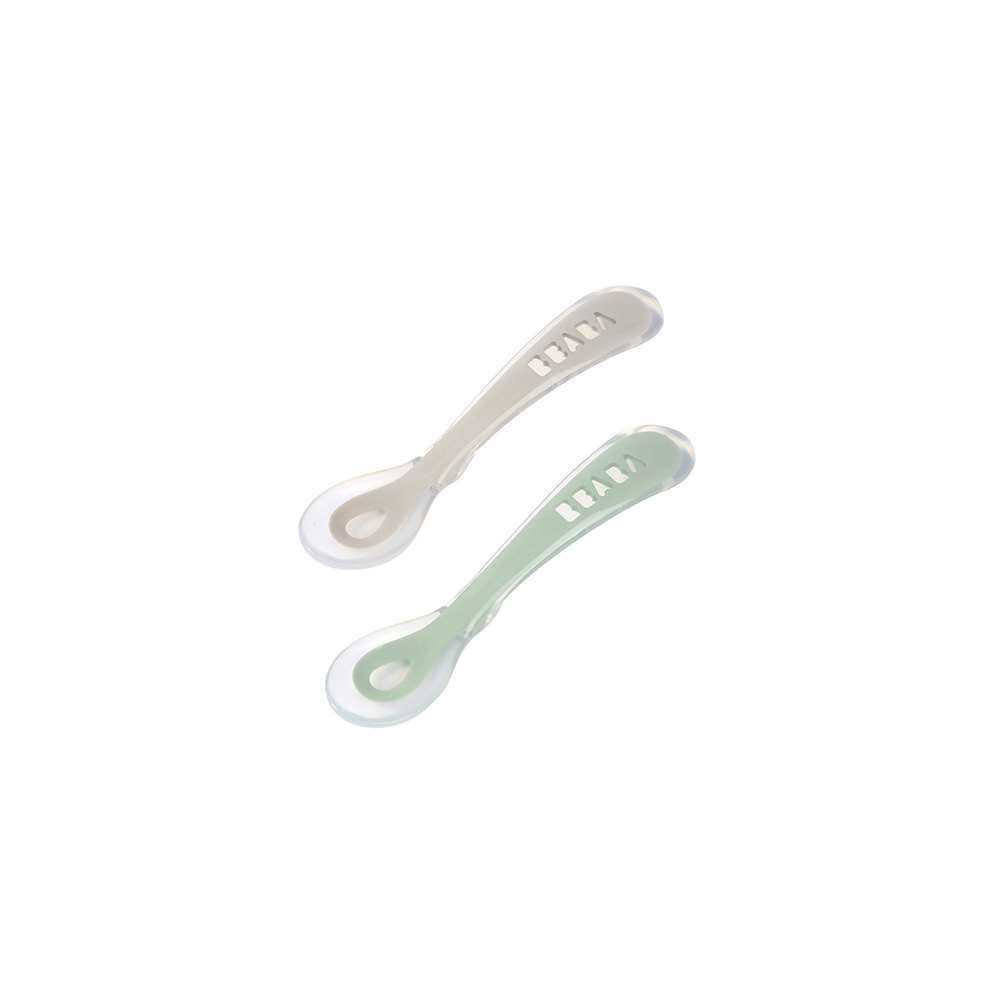 Beaba - 2 cuillères 2e âge en silicone avec boite de transport VERT Béaba