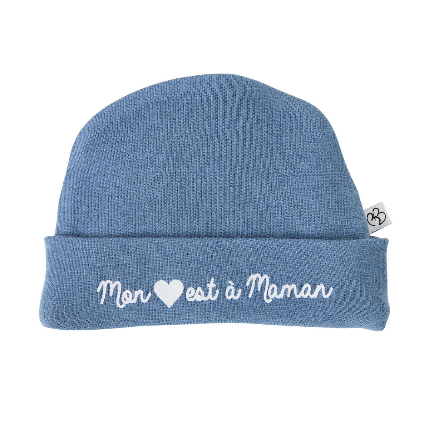 Bonnet naissance Mon coeur est à maman BLEU BB&Co