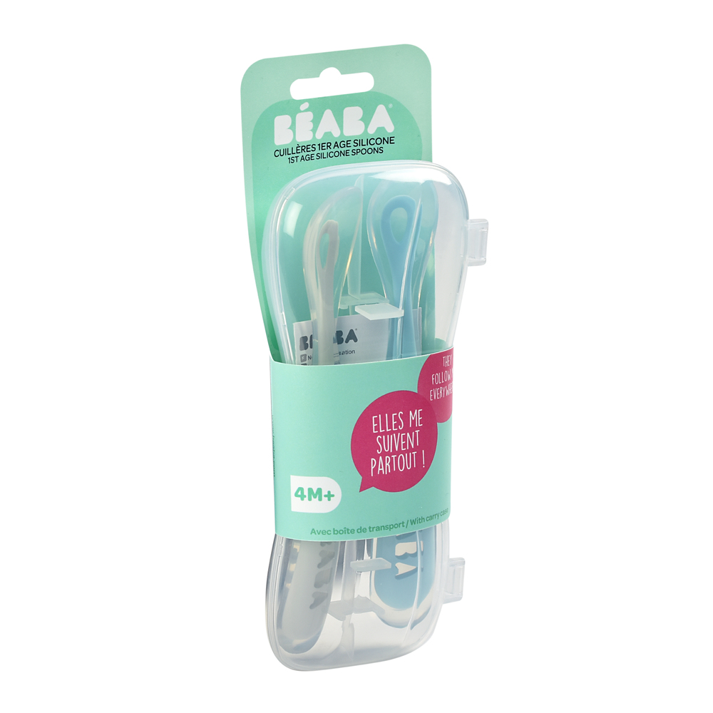 Beaba - 2 cuillères 1er âge silicone avec boite de transport BLEU Béaba