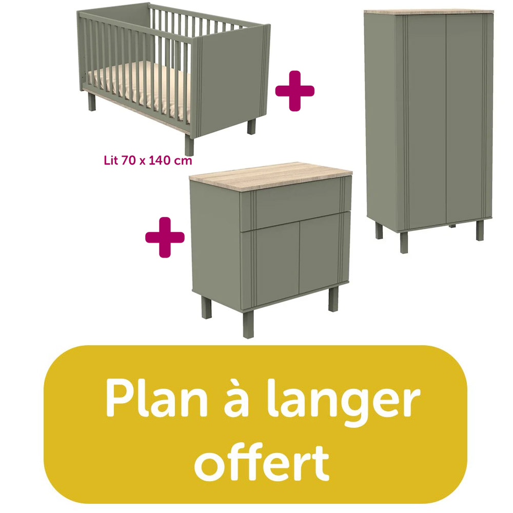 Chambre bébé complète Eléonore kaki : lit 70x140, commode, armoire = plan à langer offert Sauthon