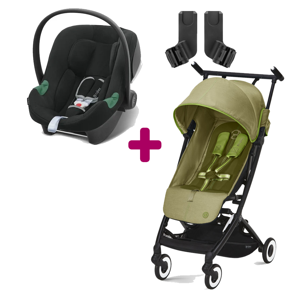 Pack poussette duo Libelle Nature Green + Coque Aton B2 i-Size Volcano Black + adaptateurs coque Cybex